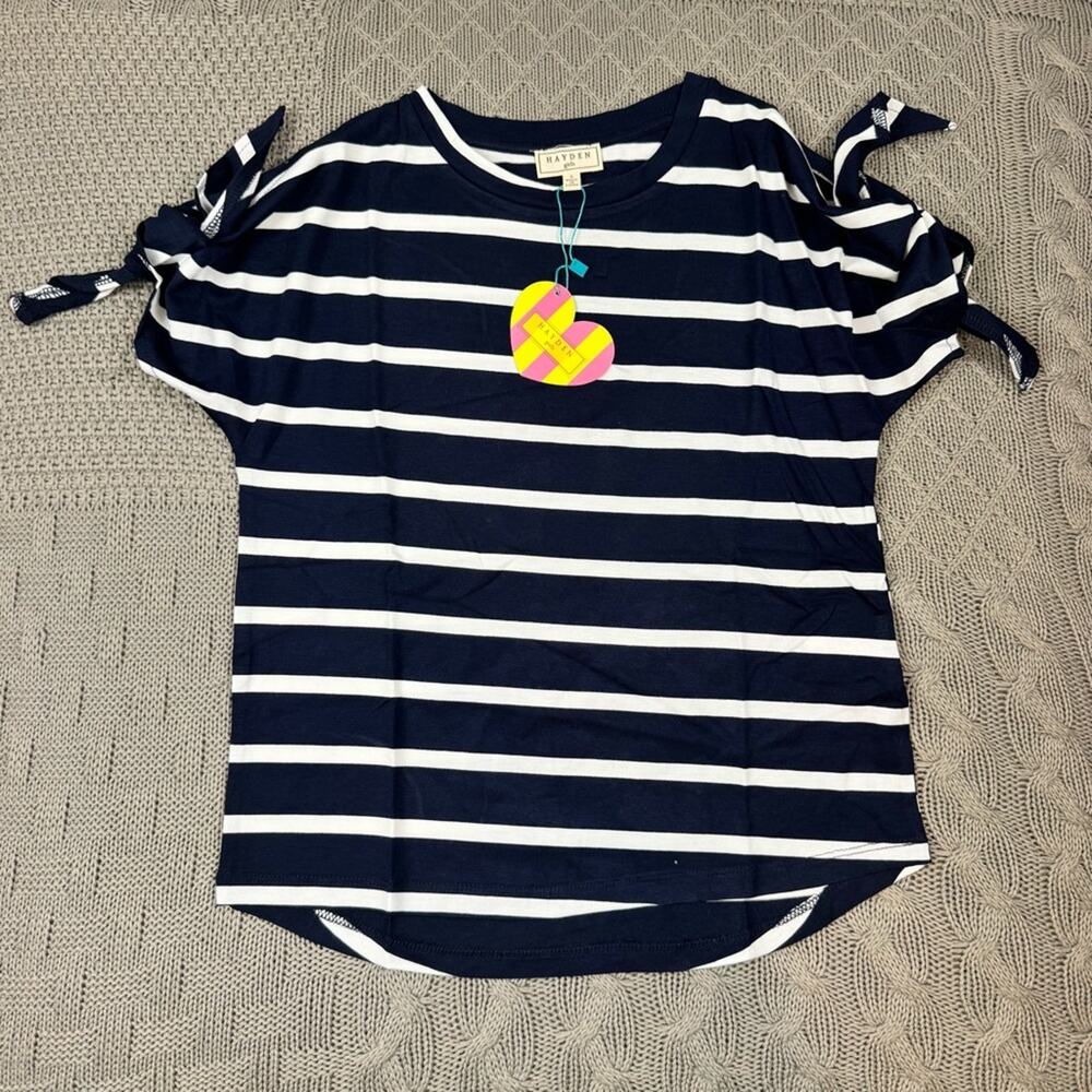 Hayden Navy and White Striped Tee with Tie Sleeves - Small
